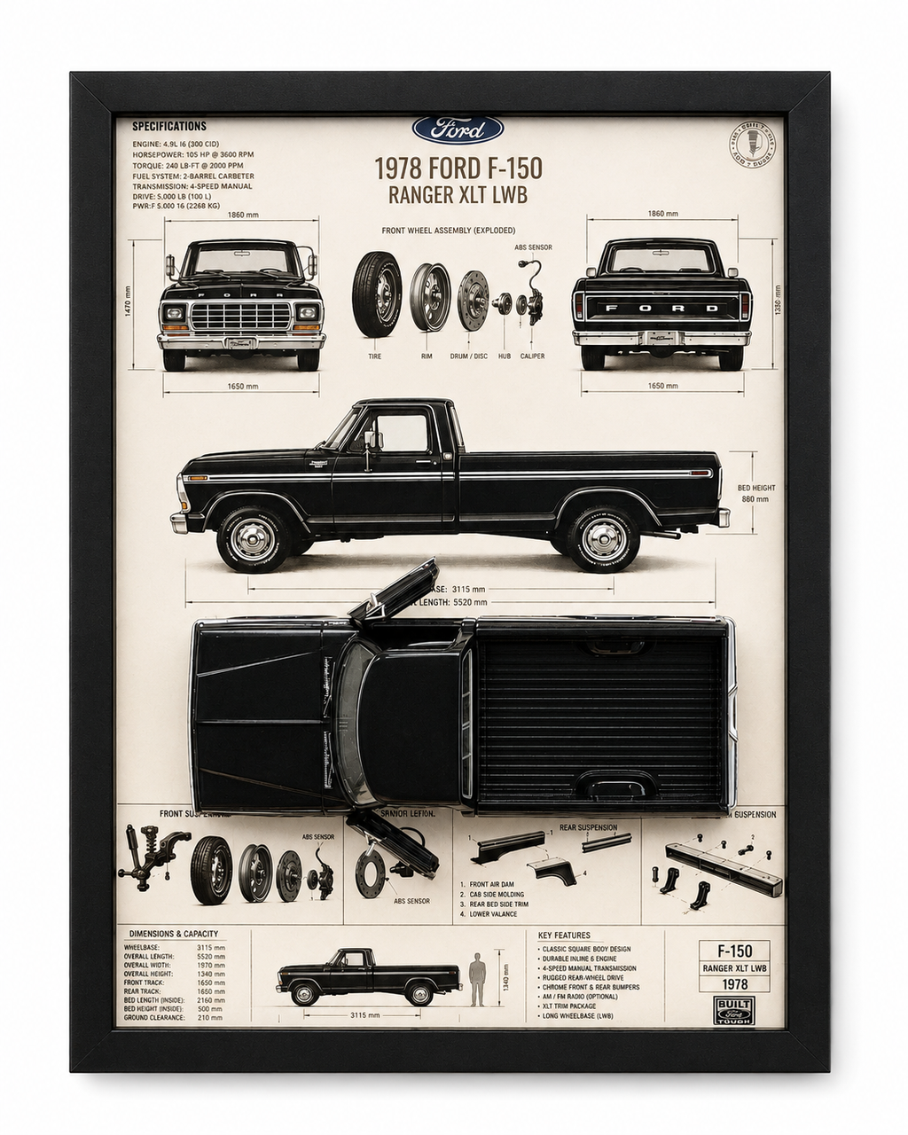 Cuadro Decorativo 3D – Ford F-150 1978 Ranger XLT | Camioneta Clásica | Regalo para Colección