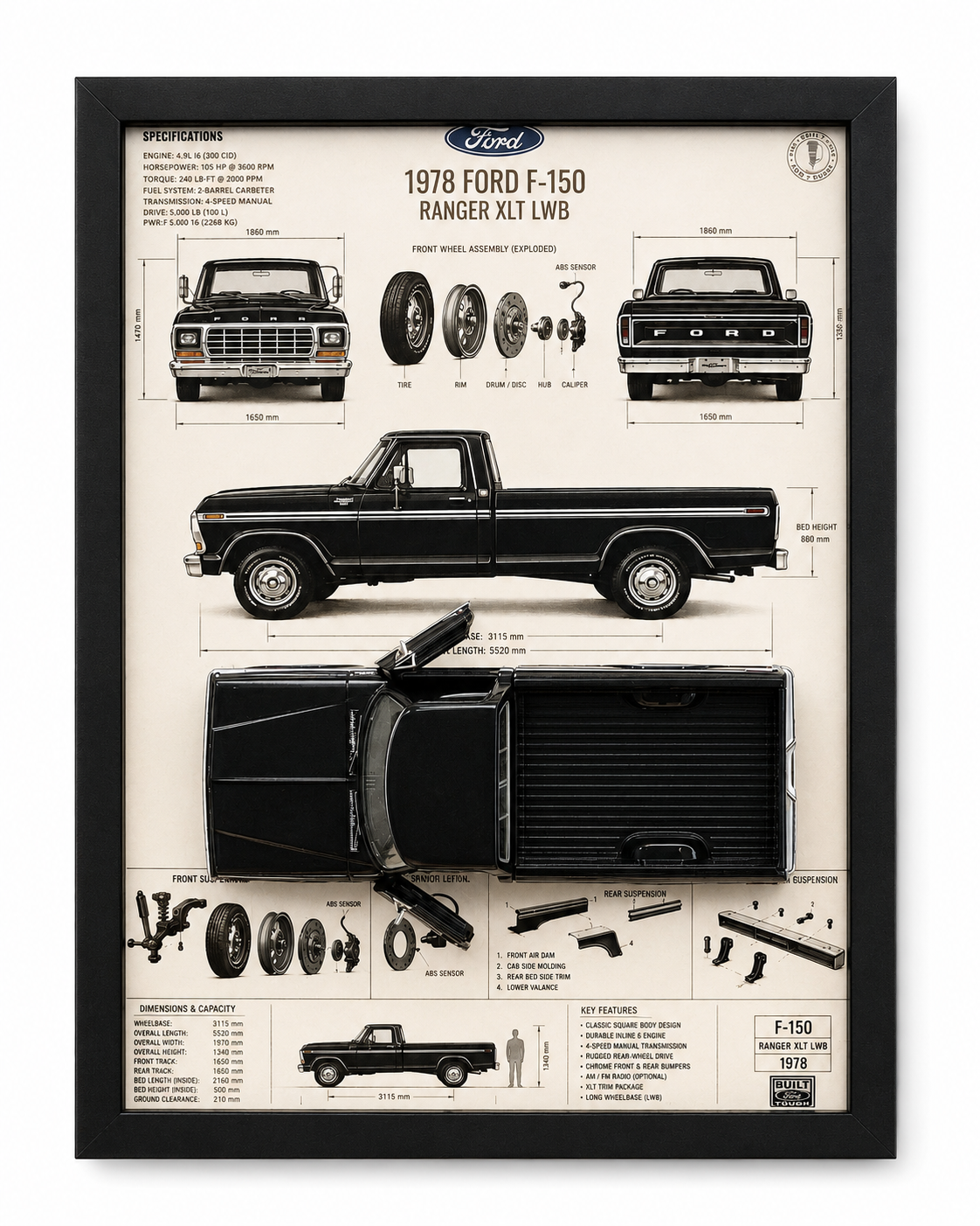 Cuadro Decorativo 3D – Ford F-150 1978 Ranger XLT | Camioneta Clásica | Regalo para Colección
