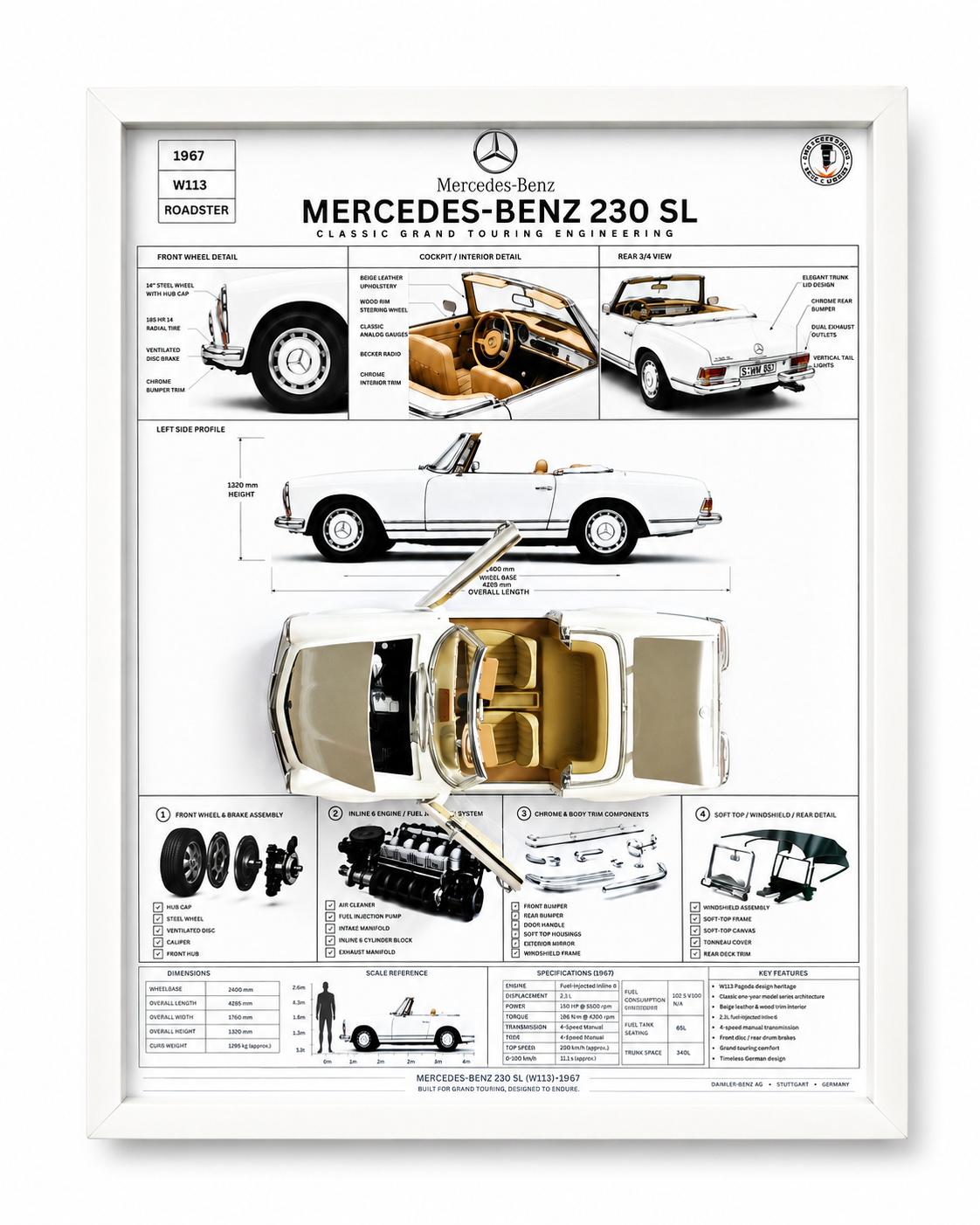 Cuadro Decorativo 3D – Mercedes-Benz 230 SL 1967 | Auto Clásico | Decoración y Regalo