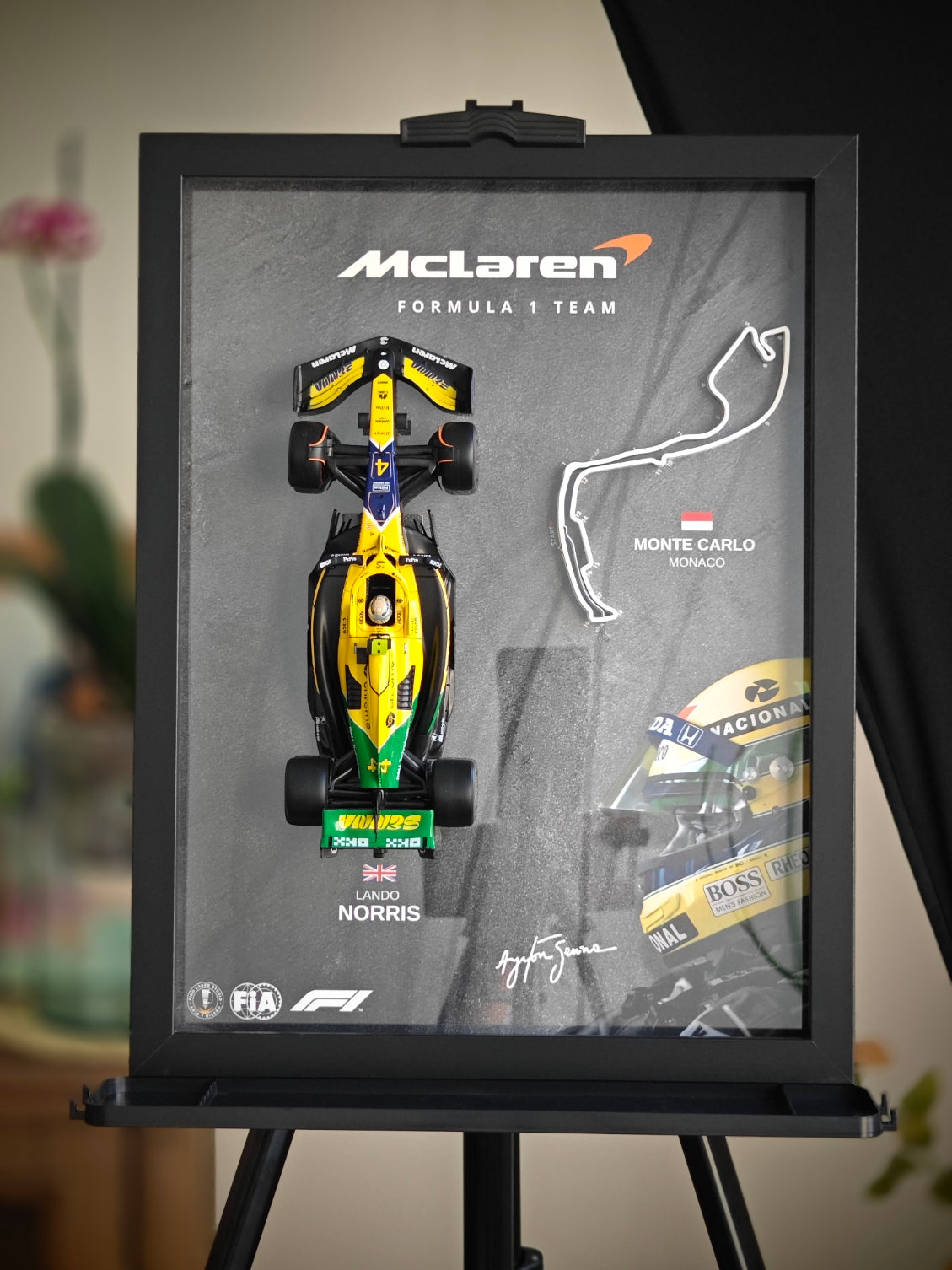 Cuadro decorativo 3D de F1 Lando Norris homenaje a Ayrton Senna