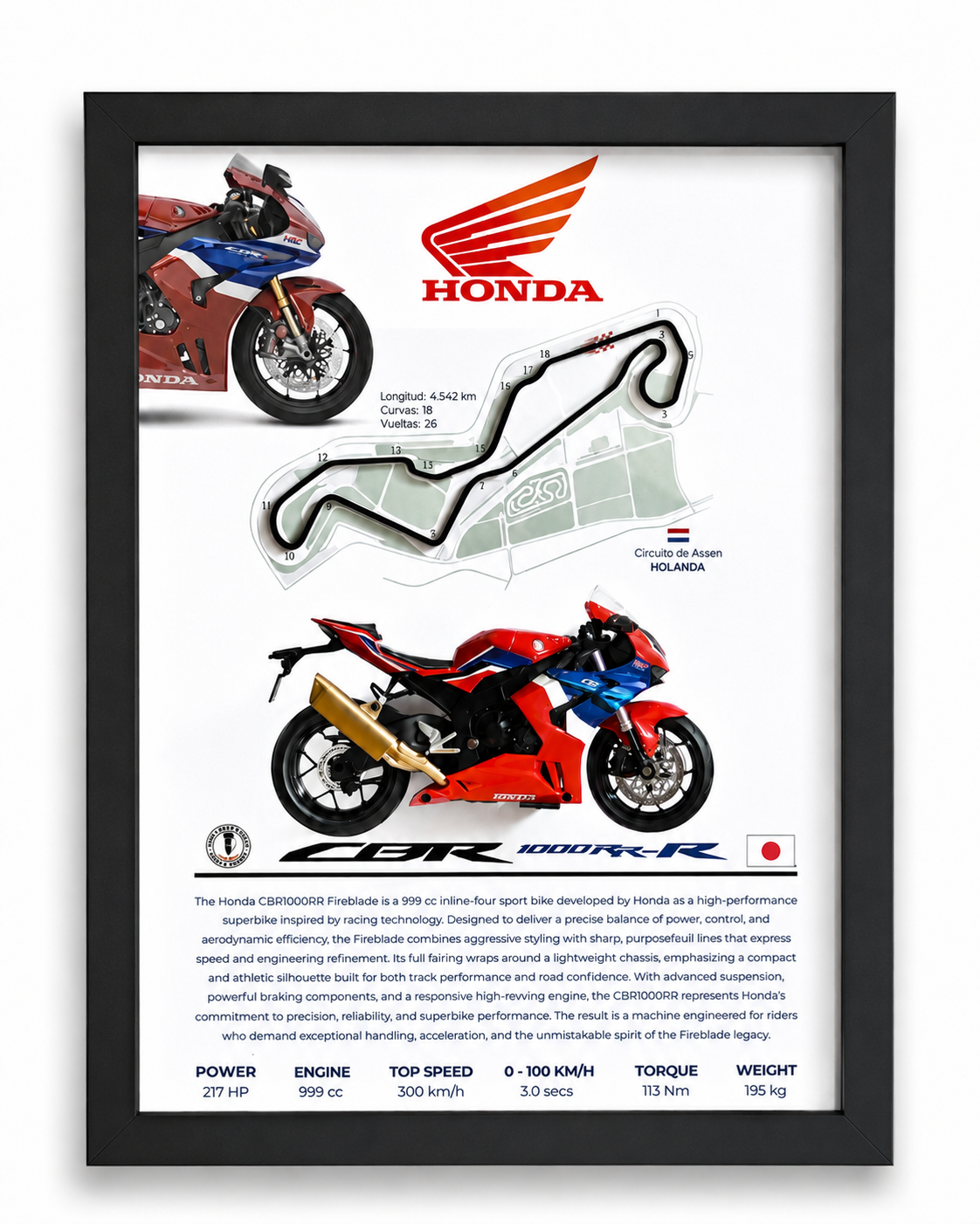 Cuadro Decorativo 3D – Honda CBR1000RR-R Fireblade SP | Circuito de Assen | Regalo Motociclista